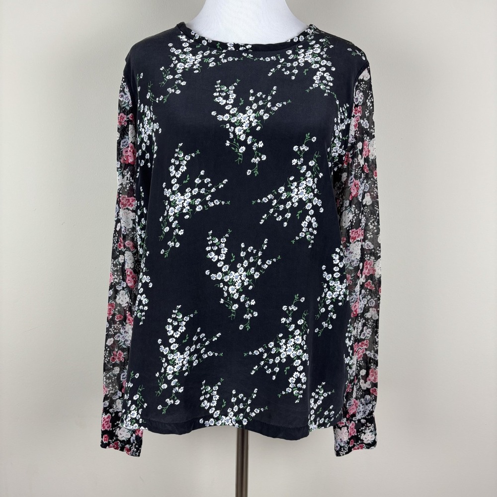 EQUIPMENT Femme Blouse‎ Top Womens XS Black Blue Floral Silk Crepe Long Sleeve